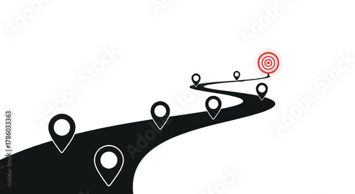 Conceptual illustration of a winding road with location pins leading to a bullseye target representing a journey towards a goal