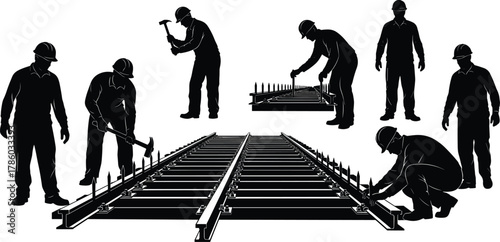 Silhouette vector illustration of workers constructing railway track, laying rails, hammering ties, inspecting alignment, teamwork, safety, tools, labor, infrastructure, industry
