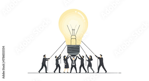Diverse team of business people working together to lift and support a glowing light bulb representing a brilliant idea