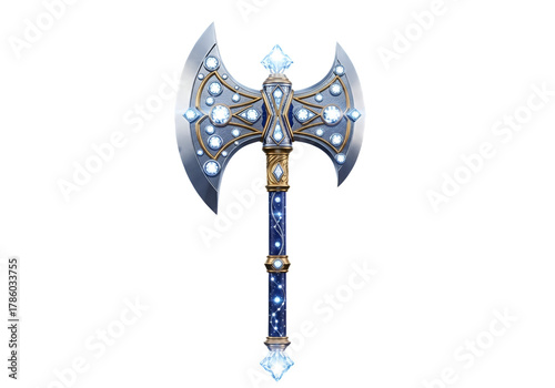 A magnificent, ornate battle-axe, adorned with sparkling gems, is showcased against a stark black backdrop.