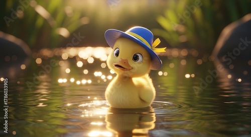 A cute yellow duckling wearing a blue hat with a yellow ribbon swims in a calm body of water.