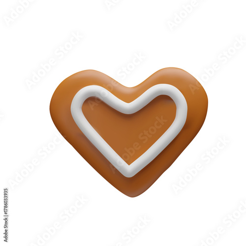 3D gingerbread heart cookie with icing decoration isolated on white background. Christmas, winter holidays, Valentines Day designs. Cute, minimal festive element for posters, cards, bakery branding.