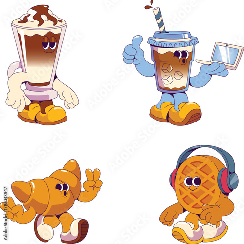 Cute Food Character Illustration – Coffee, Croissant, Waffle, and Iced Drink Cartoon Set