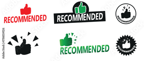 Recommended Badge Vector Set, Thumbs Up Label, Best Quality Product Review Sticker EPS