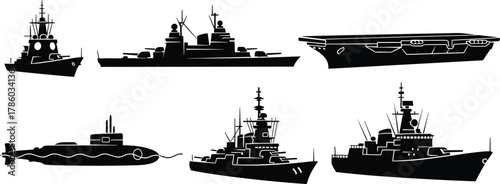 Silhouette vector illustration of various naval vessels including submarine, aircraft carrier, destroyer, patrol boat—military ships, maritime defense, ocean fleet