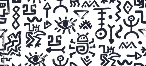 Ethnic african mexican or maya tribal seamless pattern with black human figure, spiral, bug and eye icons. Vector background showing aztec symbols or arrow, sun, ocean wave and monkey