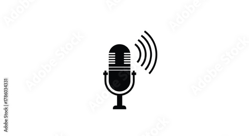 Black silhouette of a vintage microphone with sound waves emanating from it on a white background representing broadcasting or audio recording