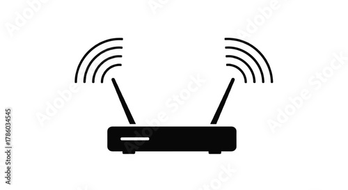 Black and white icon illustration of a wireless router with signal waves emanating from its antennas representing connectivity