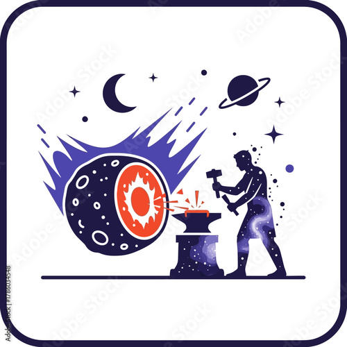 Cosmic Blacksmith Forging a Planets Core Under Celestial Watch.