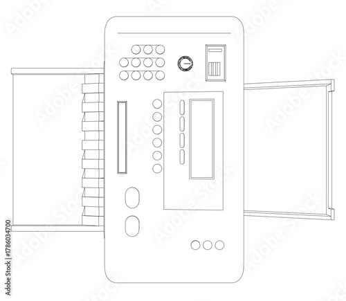 Black and white contour drawing of a desktop printer control panel. The rectangular device features a central display screen surrounded by grid-patterned buttons. Top view