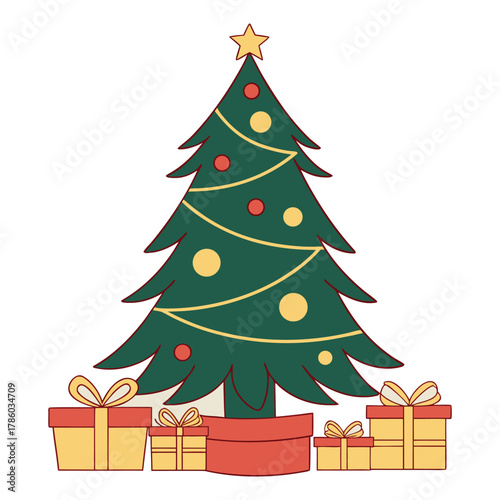  Christmas tree with gifts and presents under a star is a festive decoration for the winter season
