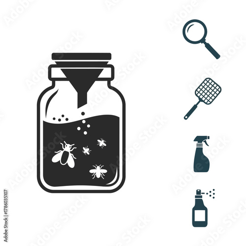 Fly Trap Jar with Funnel and Insecticide Spray Bottles.