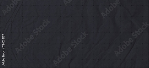 Folded, crumpled black paper with checker grid background, dotted plotting lines, and glue texture. Vintage vector material pattern perfect for bullet journal and creative wrapping or collage design.