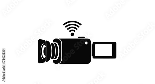 Black silhouette icon of a camcorder with a wi fi signal emanating from the top representing wireless video recording and streaming capabilities