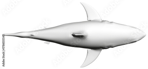 Polygonal great white shark model with sleek body, sharp teeth, and curious expression. This 3D animal graphic is isolated on a clean white background. Top view