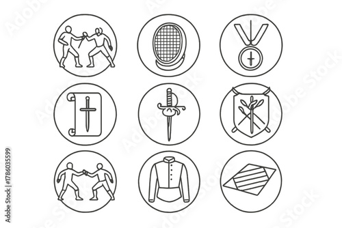 Fencing History Icons. Line style icons of fencing history in round shape: classical duelist, vintage mask, old foil, historic