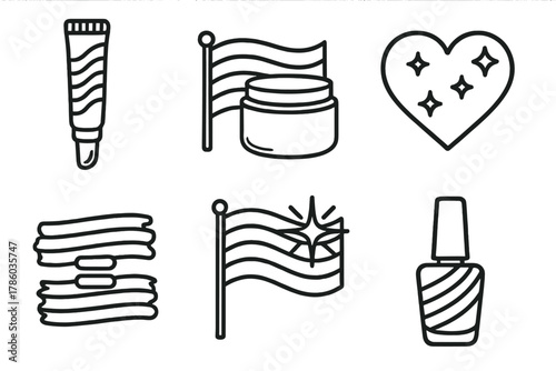 Pride Beauty Icons. Line style icons of pride and beauty fusion: rainbow gloss tube, flag behind cream jar, shimmer heart icon,