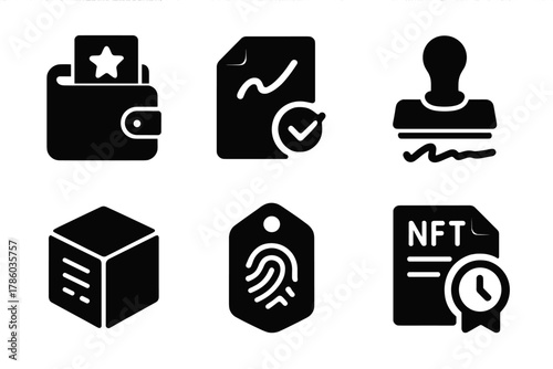 Digital Provenance Icons. Solid style icons of ownership and provenance: wallet with performance file, traceable act icon,