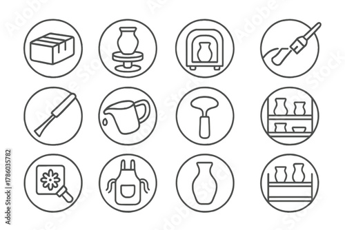 Ceramic Tools Icons. Line style circular vector icons of Ceramics: Clay Block, Pottery Wheel, Kiln, Glazing Brush; Sculpting Tool,