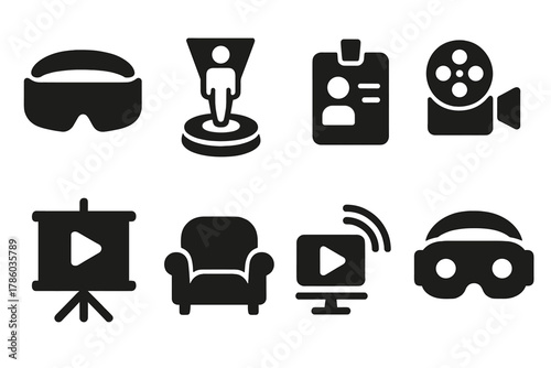 Virtual Entertainment Icons. Solid style icons of virtual entertainment rooms: AR visor glyph, hologram icon, media badge.