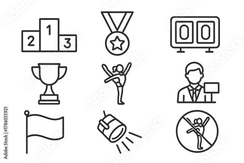 Gym Competition Icons. Line style icons of Gym Competition: Podium, Medal, Scoreboard, Trophy, Gymnast, Judge, Flag, Spotlight, No