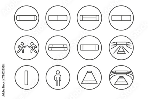 Fencing Piste Icons. Line style icons of piste in round shape: full piste, start line, center line, end zone; piste with fencers,