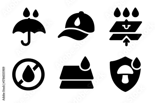 Fungal Wear Icons. Solid style icons of water-resistant fungal wear: drip shield icon, waterproof cap badge, repel layer panel.