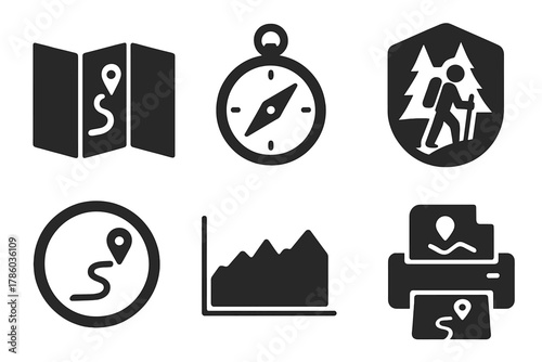 Trail Exploration Icons. Solid style icons of trail guides and maps: foldout map glyph, compass icon, trailhead badge. Marked path