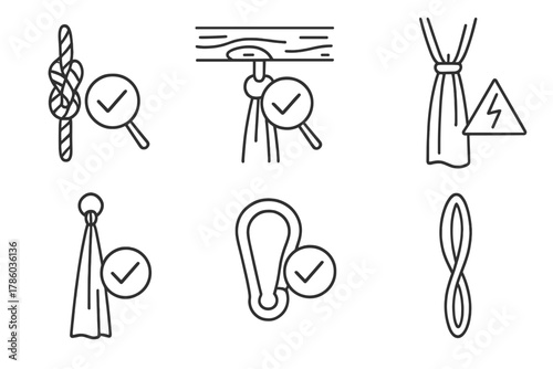 Silk Rigging Inspection Icons. Line style icons of silk rigging inspection: knot test sketch, ceiling beam check, fabric wear sign