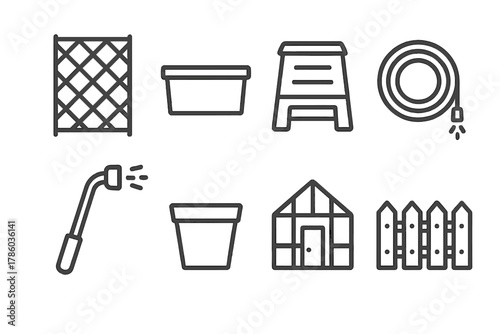 Garden Accessory Icons. Line style icons of Garden accessories: trellis, planter box, compost bin, hose, watering wand, pot,