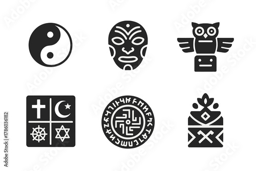 Cultural Education Icons. Solid style icons of cultural symbols in education: yin yang icon, tribal mark glyph, totem badge.