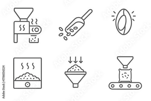 Grain Processing Icons. Line style icons of grain processing: husking machine, grain sorter tool, dehulling icon, drying chamber,