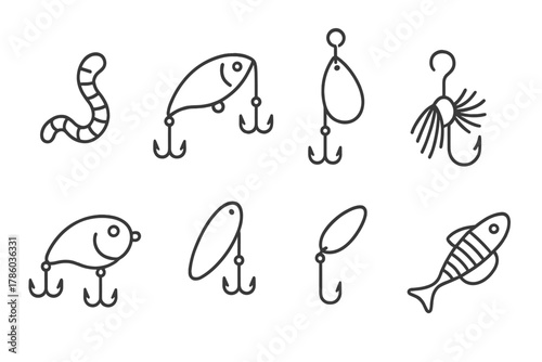 Fishing Lures Icons. Line style icons of Baits and lures: worm, minnow, spinner, jig, crankbait, spoon lure, artificial fly, soft