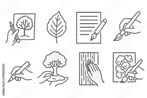 Nature-Inspired Art Icons. Line style icons of artistic expression after forest bathing: sketching tree, watercolor leaf, poetry