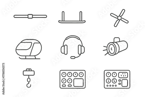 Helicopter Line Icons. Line style icons of Helicopter: Rotor Blade, Skids, Tail Rotor, Cockpit, Headset, Searchlight, Rescue Winch