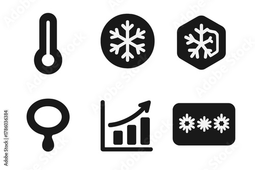Temperature and Ice Icons. Solid style icons of temperature and ice status: thermometer glyph, freeze icon, crystal badge. Melting