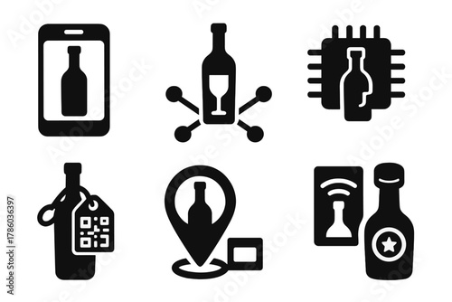 Digital Wine Icons. Solid style icons of digital vintage records: virtual wine cellar icon, blockchain wine ledger, age