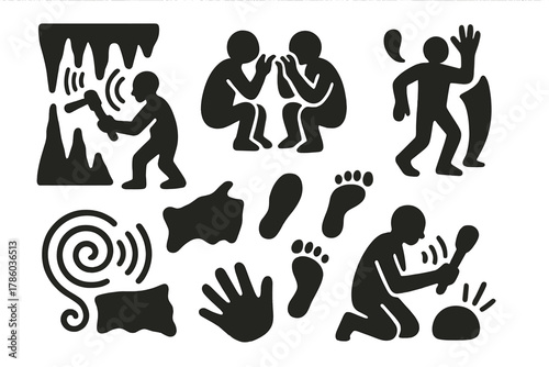 Prehistoric Sonic Ritual Icons. Solid style icons of sound rituals in prehistoric caves: stalactite tapping, humming figures, echo