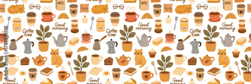 Cozy coffee morning pattern.Cute cats, coffee cups