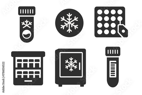 Bio Storage Icons. Solid style icons of tissue sample storage: cryo vial with sample, frozen container badge, sample tray icon.