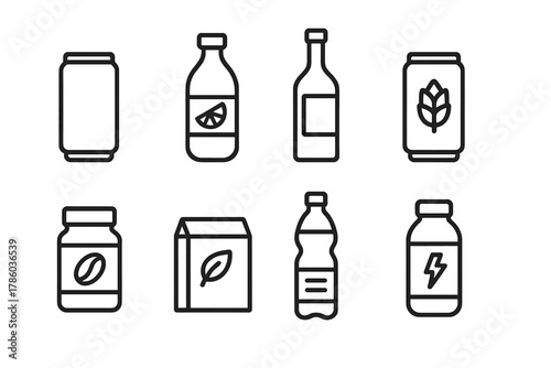 Beverage Icons. Line style icons of Beverage aisle: soda can, juice bottle, wine bottle, beer can, coffee jar, tea box, water