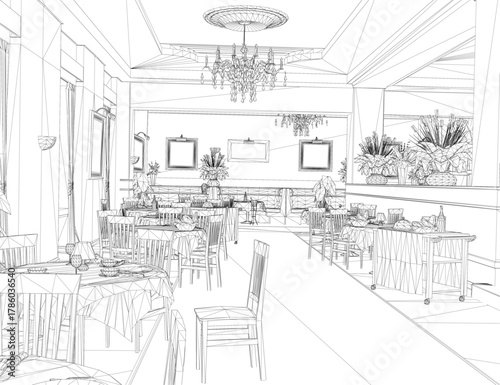 A wireframe sketch of a restaurant interior features tables, chairs, wall frames, and an elegant chandelier in a classic black and white style.