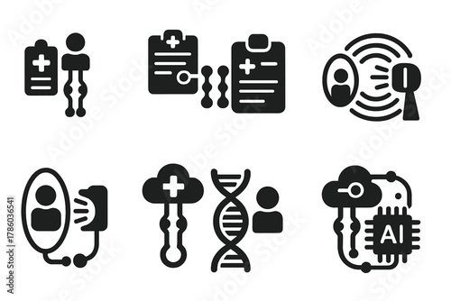 Quantum Medical Icons. Solid style icons of quantum teleportation in medicine: teleporting patient data, entangled medical record,