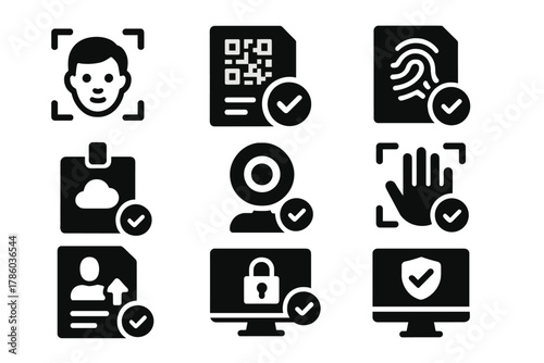 Digital Identity Icons. Solid style icons of digital ID and verification: face scan icon, QR code on document, fingerprint on