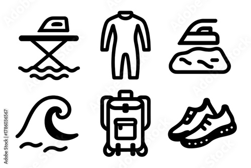 Extreme Ironing Icons. Line style icons of Extreme Ironing: ironing board in river, wetsuit icon, iron on rock, splash wave symbol