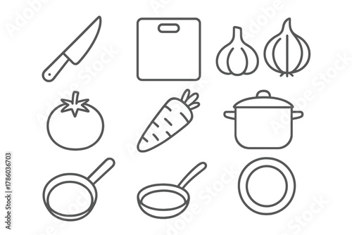 Food Prep Icons. Line style icons of Food Prep: Knife, Chopping Board, Garlic, Onion, Tomato, Carrot, Pot, Frying Pan, No text, No