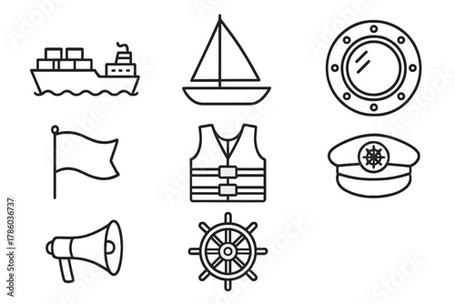 Ocean Travel Icons. Line style icons of Ocean Travel: Cargo Ship, Sail, Porthole, Life Jacket, Flag, Captain’s Hat, Ship Horn,