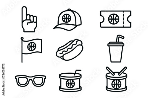 Basketball Fan Essentials. Line style icons of Basketball Fan: Foam Finger, Cap, Ticket, Flag, Hot Dog, Drink Cup, Sunglasses,