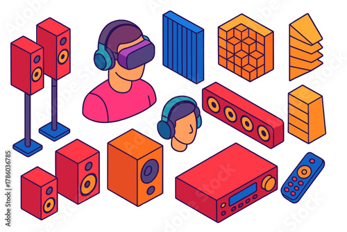 VR Gaming Audio Setup. Isometric vector illustration set VR gaming setup – immersive audio speakers, subwoofer, soundbar; acoustic