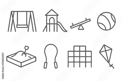 Playground Line Icons. Line style icons of Playground: Swing, Slide, Seesaw, Ball, Sandbox, Jump Rope, Jungle Gym, Kite, No text,